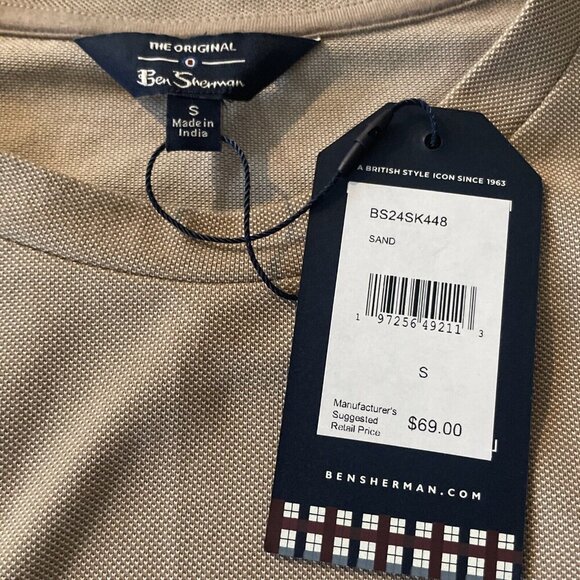 Ben Sherman Men's T-Shirt Small Sand White Crew Neck Short Sleeve New Striped - Picture 2 of 5